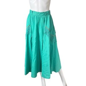 Vintage Teal Midi Skirt with Fringe Trim